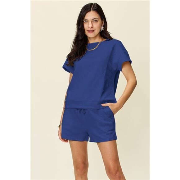 Double Take Full Size Texture Short Sleeve T-Shirt and Drawstring Shorts Set - Picture 9 of 16
